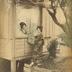 portrait en pied et en buste de deux jeunes femmes japonaises vêtue de kimonos, au bord de l'eau, une, à la fenêtre circulaire d'une maison traditionnelle; réhaussé en couleur